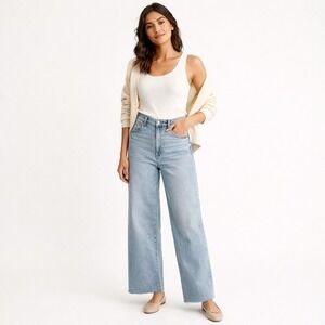 Daze Denim Echo High Rise Wide Leg Jeans Indigo Light Wash Raw Hem 30 NWT